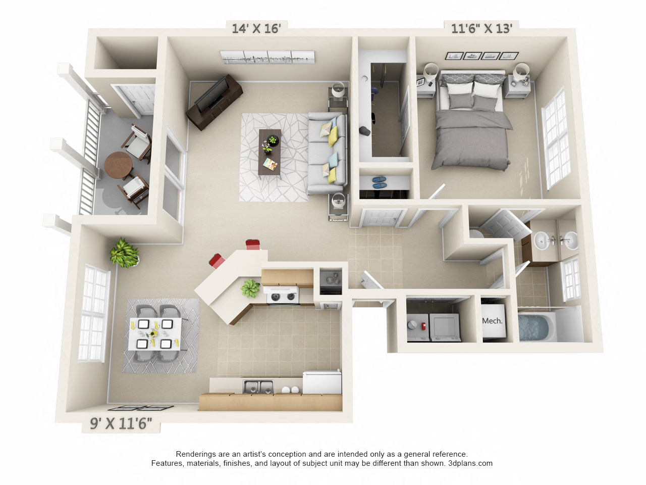 Floor plan for 1 bed, 1 bath, 852 sqft